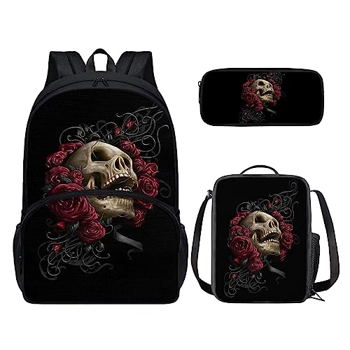 POLERO 3D-Druck Rucksack für Kinder Schultasche Büchertasche Lunchbox Federmäppchen 3-teiliges Set, Rose Skull, Einheitsgröße, Kinderrucksack von POLERO