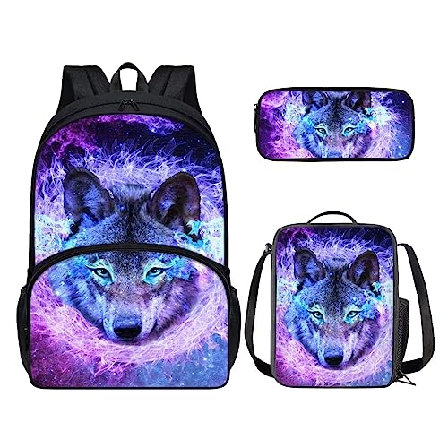 POLERO 3D-Druck Rucksack für Kinder Schultasche Büchertasche Lunchbox Federmäppchen 3-teiliges Set, Violett Galaxie Wolf, Einheitsgröße, Kinderrucksack von POLERO