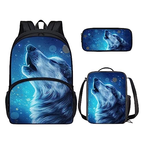 POLERO 3D-Druck Rucksack für Kinder Schultasche Büchertasche Lunchbox Federmäppchen 3-teiliges Set, Wolf Blau, Einheitsgröße, Kinderrucksack von POLERO