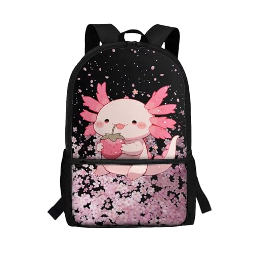 POLERO Axolotl Rucksack für Mädchen, niedlicher Schulranzen, leichter Rucksack mit Frontfach, Cherry Blossom Strawberry Axolotl, One size von POLERO