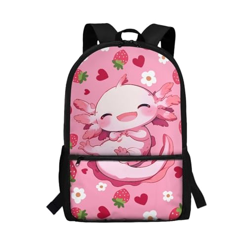 POLERO Axolotl Rucksack für Mädchen, niedlicher Schulranzen, leichter Rucksack mit Frontfach, Strawberry Axolotl Hearts, One size von POLERO