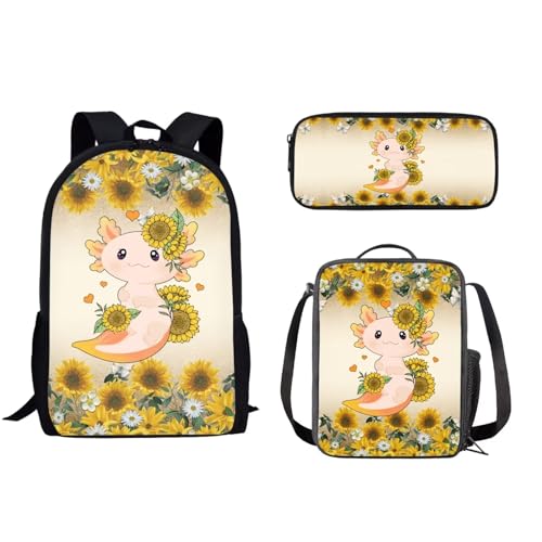 POLERO Basketball-Schultaschen-Set für Jungen, Mädchen, Kinder, lässige Büchertasche mit Federmäppchen und Lunchtasche, 3-teiliges Set, Axolotl Sonnenblume, Einheitsgröße, Schulranzen-Set von POLERO