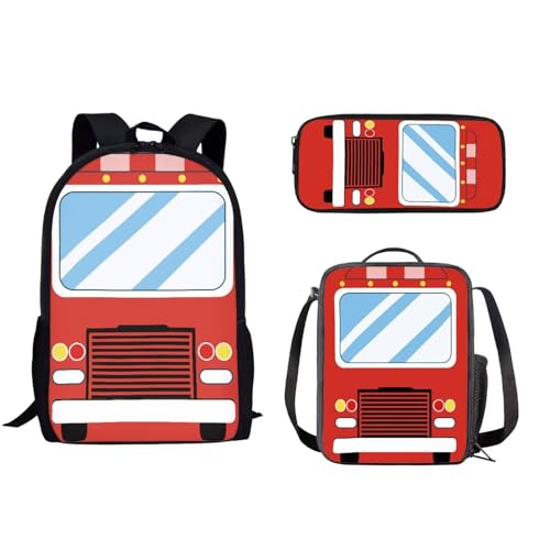 POLERO Basketball-Schultaschen-Set für Jungen, Mädchen, Kinder, lässige Büchertasche mit Federmäppchen und Lunchtasche, 3-teiliges Set, Feuerwehrauto, Einheitsgröße, Schulranzen-Set von POLERO