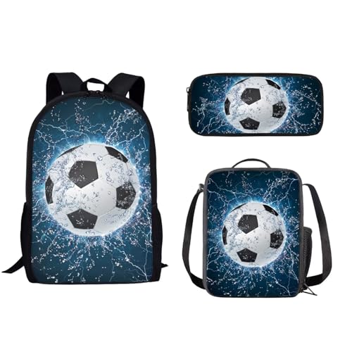 POLERO Basketball-Schultaschen-Set für Jungen, Mädchen, Kinder, lässige Büchertasche mit Federmäppchen und Lunchtasche, 3-teiliges Set, Fußball Wasser, Einheitsgröße, Schulranzen-Set von POLERO