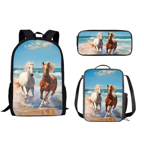 POLERO Basketball-Schultaschen-Set für Jungen, Mädchen, Kinder, lässige Büchertasche mit Federmäppchen und Lunchtasche, 3-teiliges Set, Horses Beach, Einheitsgröße, Schulranzen-Set von POLERO