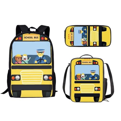 POLERO Basketball-Schultaschen-Set für Jungen, Mädchen, Kinder, lässige Büchertasche mit Federmäppchen und Lunchtasche, 3-teiliges Set, Schulbus, Einheitsgröße, Schulranzen-Set von POLERO