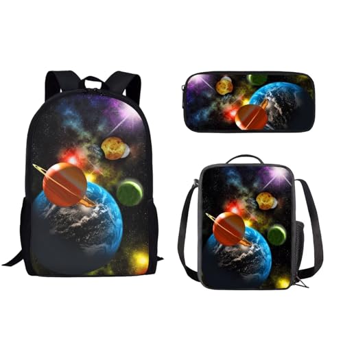 POLERO Basketball-Schultaschen-Set für Jungen, Mädchen, Kinder, lässige Büchertasche mit Federmäppchen und Lunchtasche, 3-teiliges Set, Solarsystem, Einheitsgröße, Schulranzen-Set von POLERO