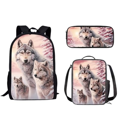 POLERO Basketball-Schultaschen-Set für Jungen, Mädchen, Kinder, lässige Büchertasche mit Federmäppchen und Lunchtasche, 3-teiliges Set, Wolf Familie, Einheitsgröße, Schulranzen-Set von POLERO