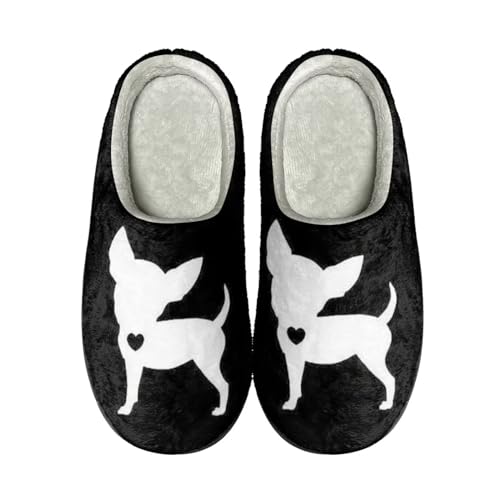POLERO Black White Chihuahua Slippers for Dog Lovers Warm Bedroom Slippers Soft Plush Winter Slippers Size 37-38 von POLERO