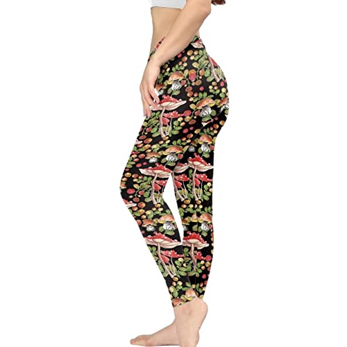 POLERO Braune Kuh-Leggings für Damen, Kuh-Druck, Yogahose für Sport, Workout, Freizeitstrumpfhose, Pilze, M von POLERO