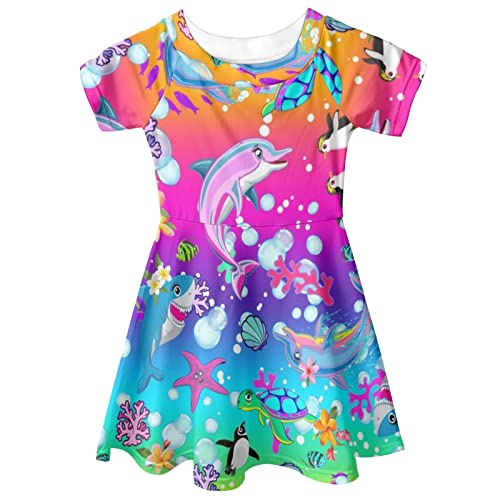 POLERO Buntes Kleid für Mädchen, Sommer, lässig, kurzärmelig, für 3–14 Jahre alte Mädchen, Delfin, 5-6 Jahre von POLERO