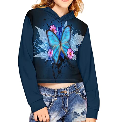 POLERO Butterfly Crop Tops für Mädchen Floral Hoodie Langarm Sweatshirt mit Kapuze Lässige Kapuzenpullover, blau mit schmetterlingen, 9-10 Jahre von POLERO