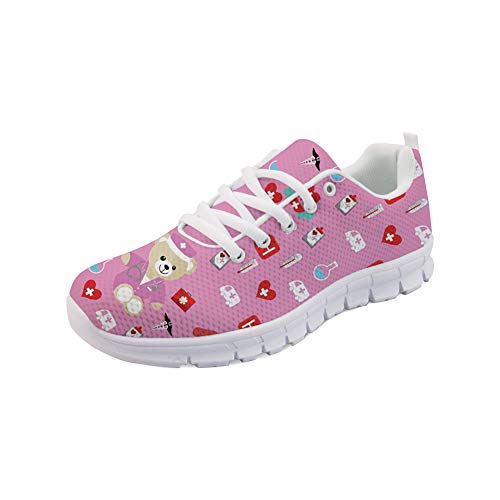 POLERO Cartoon Bär Sports Shoes Damen Sneakers Sportschuhe Leichte Laufen Walking Mesh Flats Tennis Schuhe Laufschuhe für Frauen Sport Wohnungen Pink Größe 39 von POLERO