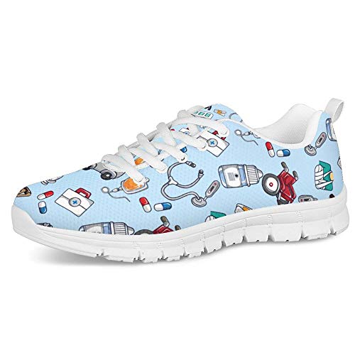 POLERO Cartoon Nurse Bear Sneaker Krankenschwester Schuhe Damen Sportschuhe Schnürer Freizeitschuhe Hellblau 37 EU von POLERO