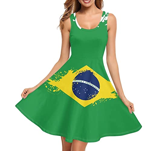 POLERO Damen Ärmelloses Midikleid Boho Tank Kleider mit Taschen Übergröße Casual U-Ausschnitt Swing Skater Kleid, Brasilianische Flagge, L von POLERO