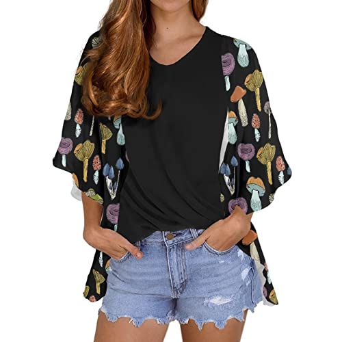 POLERO Damen Kimono Cardigan Musiknote Musiknote Chiffon Strickjacken Übergröße Sommer Strand Cover Up S-4XL, Bunte Pilze, 50 von POLERO