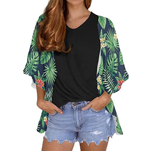 POLERO Damen Kimono Cardigan Tropische Blume Hawaii Floral Chiffon Kimono Cover Ups Plus Size Casual Bluse Tops, Grüne Blätter, 50 von POLERO