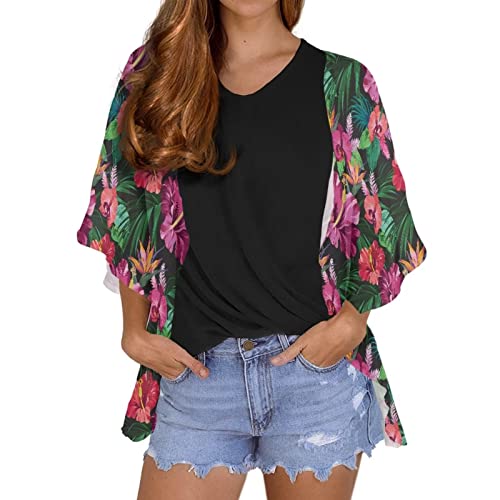 POLERO Damen Kimono Cardigan Tropische Blume Hawaii Floral Chiffon Kimono Cover Ups Plus Size Casual Bluse Tops, Hibiskusblüten, 50 von POLERO