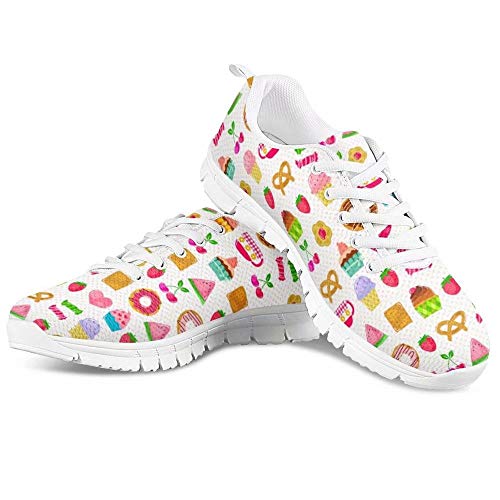 POLERO Damen Laufschuhe Sportschuhe Turnschuhe Trainers Running Fitness Atmungsaktiv Freizeit Sneakers mit Bunt Cartoon Kirsche Donut Kuchen Süßigkeiten Print Weiß 39 EU von POLERO