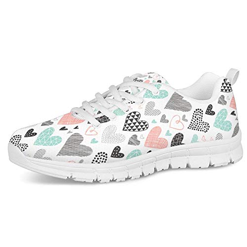 POLERO Damen Shoes leichte Sneaker atmungsaktive Schnürer Schuhe Lauf Walking Schuhe Mesh Flach Sportschuhe mit Herz Muster Weiß 41 EU von POLERO
