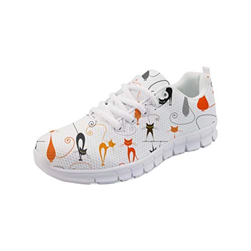 POLERO Damen Sneaker atmungsaktive Schnürer Schuhe leichte Turnschue Sportschuhe mit Cartoon Katze Muster für Frühling und Sommer Weiß 37 EU von POLERO