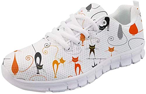 POLERO Damen Sneaker atmungsaktive Schnürer Schuhe leichte Turnschue Sportschuhe mit Cartoon Katze Muster für Frühling und Sommer Weiß 42 EU von POLERO