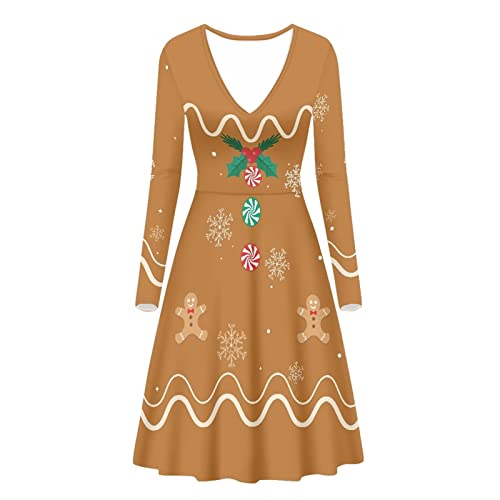 POLERO Damen Weihnachtskleid Übergröße Xmas Kleid Langarm V-Ausschnitt Midi Kleid Santa Rentier Light Snowflake Print, Lebkuchen, X-Large von POLERO