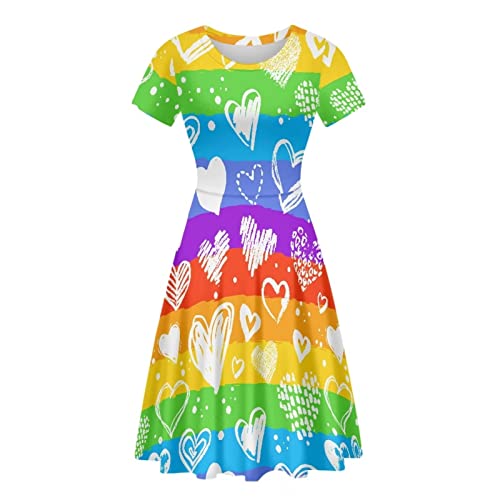 POLERO Floral Mushroom Kleid für Frauen Plus Size Midi Kleid Kurzarm Sommer Sommerkleid Rundhals A-Linie Kleider, Rainbow Hearts, XXX-Large von POLERO