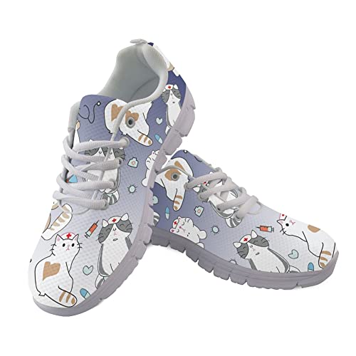 POLERO Frauen Krankenschwester Schuhe Cartoon Katze Krankenschwester Trainer Wohnungen Trainer Schuhe Lässige Wanderschuhe, EU37 von POLERO