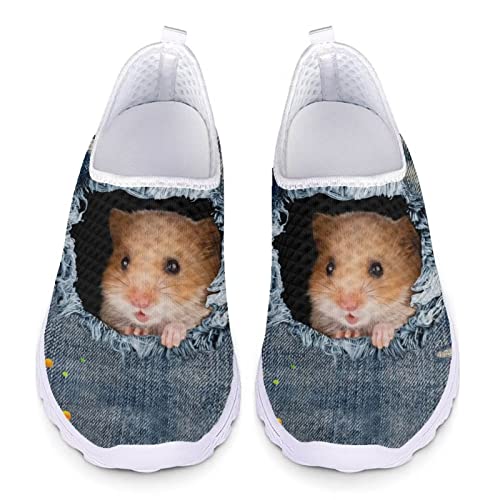 POLERO Hamster Slip On Schuhe Damen Freizeitschuhe Denim Tier 3D Druck Laufschuhe Wohnung Walking Schuhe, EU41 von POLERO