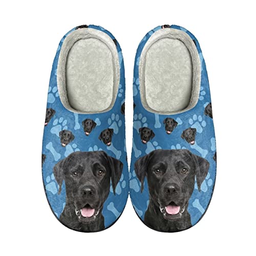 POLERO Hausschuhe mit niedlichem Hunde- und Katzendruck, für Damen und Herren, offener Rücken, Winter, flauschig, Schwarzer Labrador Retriever, Large von POLERO