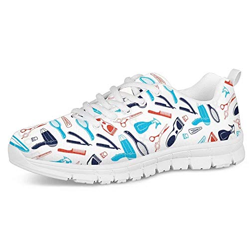 POLERO Herren Damen Laufschuhe Atmungsaktiv Turnschuhe Schnürer Sportschuhe Nurse Sneaker mit Friseurwerkzeuge Print wie Föhn Kamm Haarschneider 36 EU Weiß von POLERO