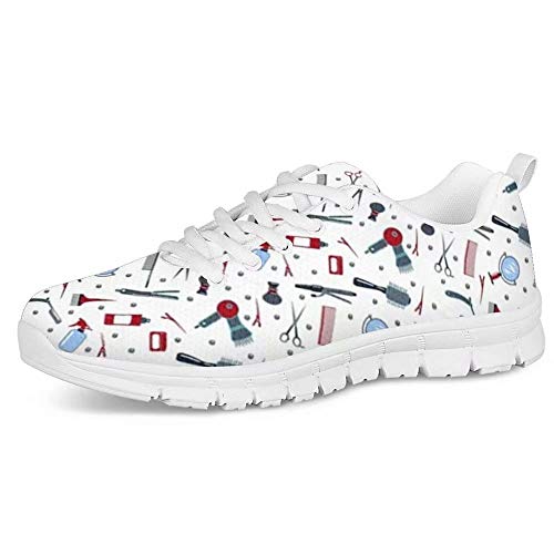 POLERO Herren Damen Laufschuhe Atmungsaktiv Turnschuhe Schnürer Sportschuhe Nurse Sneaker mit Friseurwerkzeuge Print wie Föhn Kamm Haarschneider Haarsprayflasche 40 EU Weiß von POLERO