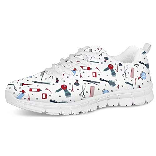 POLERO Herren Damen Laufschuhe Atmungsaktiv Turnschuhe Schnürer Sportschuhe Nurse Sneaker mit Friseurwerkzeuge Print wie Föhn Kamm Haarschneider Haarsprayflasche 41 EU Weiß von POLERO