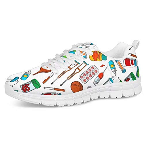 POLERO Herren Damen Laufschuhe Atmungsaktiv Turnschuhe Schnürer Sportschuhe Sneaker mit Cartoon Krücken Pille Nadelschlauch Print Weiß 43 EU von POLERO