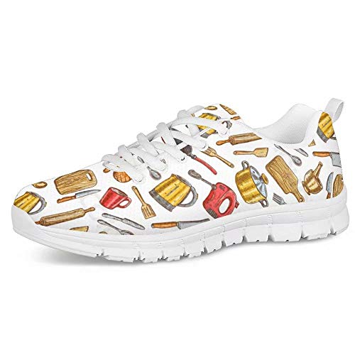 POLERO Herren Damen Laufschuhe Atmungsaktiv Turnschuhe Schnürer Sportschuhe Sneaker mit Cartoon Küchenbedarf Print Weiß 39 EU von POLERO