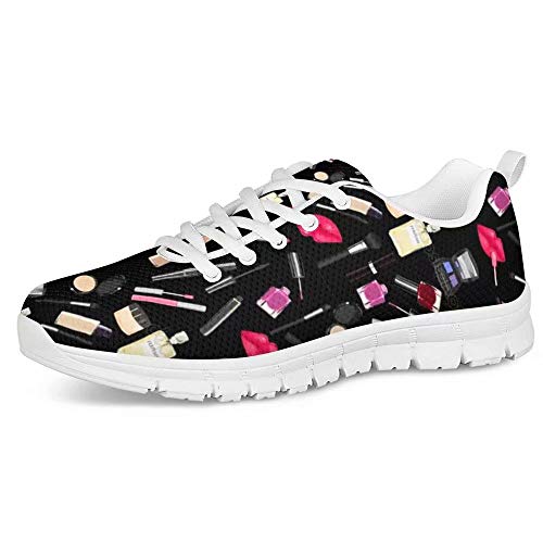 POLERO Herren Damen Laufschuhe Atmungsaktiv Turnschuhe Schnürer Sportschuhe Sneaker mit Cartoon Nagellack Make-up Pinsel Parfümflasche Lippenglasur Pulverkuchen Print Schwarz 41 EU von POLERO