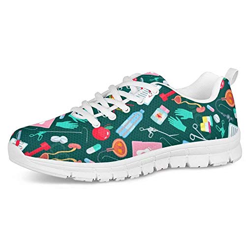 POLERO Herren Damen Laufschuhe Atmungsaktiv Turnschuhe Schnürer Sportschuhe Sneaker mit Cartoon Nurse Print Dunkelgrün 42 EU von POLERO