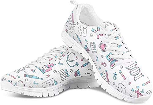 POLERO Herren Damen Laufschuhe Atmungsaktiv Turnschuhe Schnürer Sportschuhe Sneaker mit Cartoon Nurse Stethoskop Krankenakte Thermometer Pille Nadelschlauch Print Weiß 35 EU von POLERO