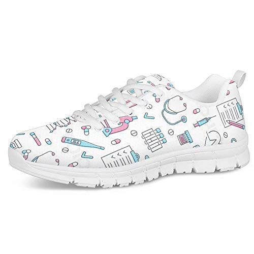 POLERO Herren Damen Laufschuhe Atmungsaktiv Turnschuhe Schnürer Sportschuhe Sneaker mit Cartoon Nurse Stethoskop Krankenakte Thermometer Pille Nadelschlauch Print Weiß 36 EU von POLERO