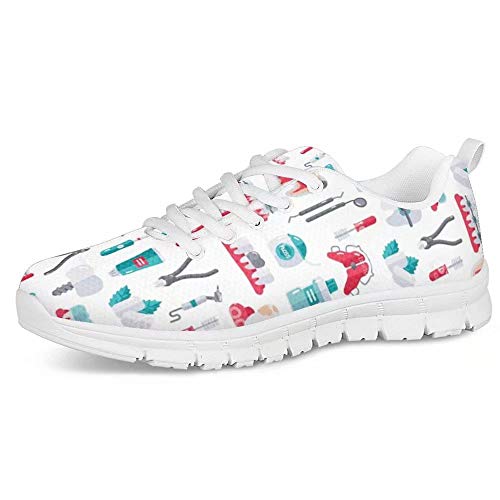 POLERO Herren Damen Laufschuhe Atmungsaktiv Turnschuhe Schnürer Sportschuhe Sneaker mit Cartoon Zähne Zahnpasta Zangen Reagenzglasbürste Print Weiß 41 EU von POLERO