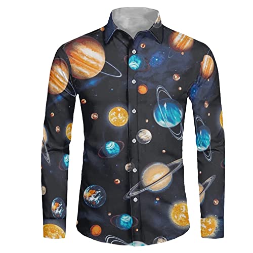 POLERO Herren Hemd Langarm Button Down Shirts Weltraum Galaxy Shirt für Casual, Planeten, XL von POLERO