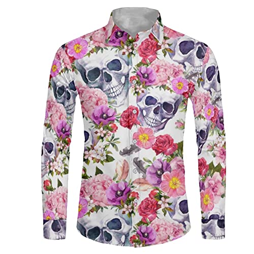 POLERO Herren Hemd Langarm Button Down Shirts Weltraum Galaxy Shirt für Casual, Totenkopf Blumen, M von POLERO
