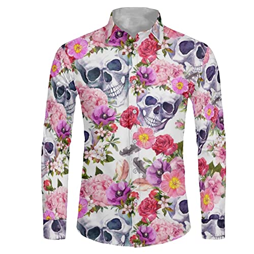 POLERO Herren Hemd Langarm Button Down Shirts Weltraum Galaxy Shirt für Casual, Totenkopf Blumen, XXL von POLERO