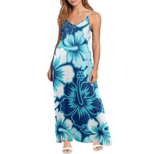 POLERO Hibiskus Maxikleid für Frauen Tropische Blumen Aqua Hawaii Blumen Sommerkleid Strand Casual Ärmelloses Langes Kleid L von POLERO