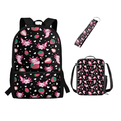 POLERO Kinder-Büchertasche und Lunchbox, Schlüsselanhänger-Set, 3D-Druck, Rucksack für Jungen und Mädchen, Axolotl Erdbeere, Einheitsgröße, Schulranzen-Set von POLERO