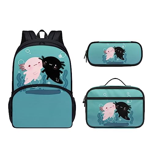 POLERO Kinder-Rucksack für die Schule, niedliche Büchertasche, Tagesrucksäcke, 3-teiliges Set mit Lunch-Tasche, Federmäppchen, Axolotls Blue, Einheitsgröße, Kinderrucksack von POLERO