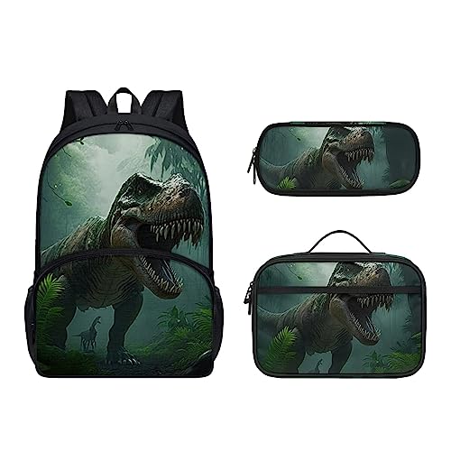 POLERO Kinder-Rucksack für die Schule, niedliche Büchertasche, Tagesrucksäcke, 3-teiliges Set mit Lunch-Tasche, Federmäppchen, Dino, Einheitsgröße, Kinderrucksack von POLERO