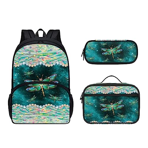 POLERO Kinder-Rucksack für die Schule, niedliche Büchertasche, Tagesrucksäcke, 3-teiliges Set mit Lunch-Tasche, Federmäppchen, Glitzernde Libelle, Einheitsgröße, Kinderrucksack von POLERO