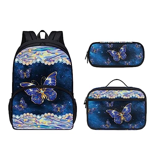 POLERO Kinder-Rucksack für die Schule, niedliche Büchertasche, Tagesrucksäcke, 3-teiliges Set mit Lunch-Tasche, Federmäppchen, Glitzernder Schmetterling, Einheitsgröße, Kinderrucksack von POLERO